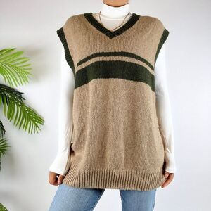 Vintage 90s Beige Striped Granola Girl Oversized Knit Wool Grandpa Vest / Sz: L